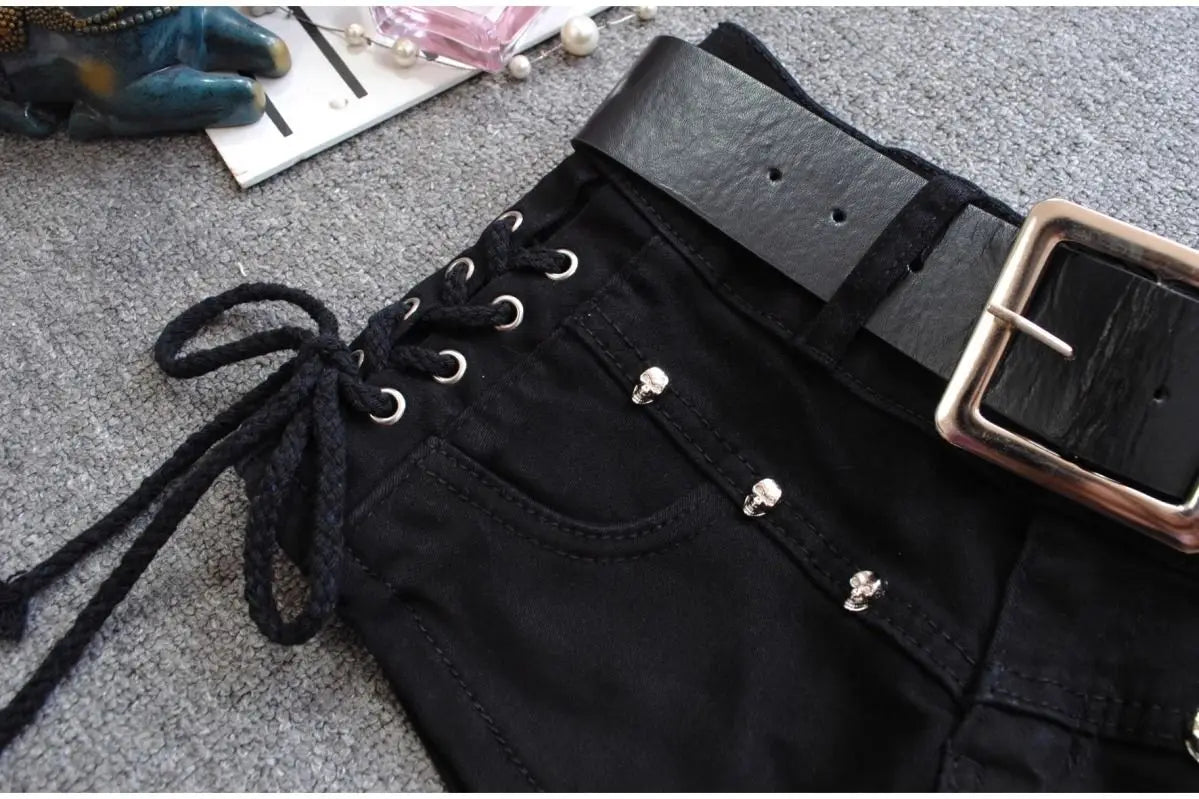 Korean Low Rise Denim Shorts 2024 - Riveted Lace Up Bodycon Black Hot Pants Vintage Cheeky Booty Summer TikTok Y2K Outfit