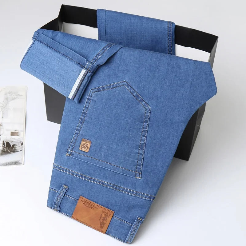 Light Blue Classic Business Casual Cotton Pants Fashion Breathable Denim Elastic Trousers Brand Men's Clothing Straight Jeans