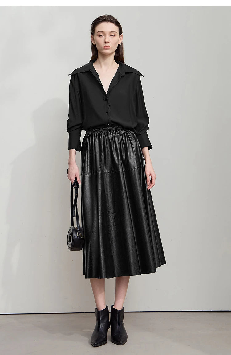 Minimalist Woman Black Midi Skirt 2025 Autumn Vintage Loose Luxury Party PU Leather Skirts Casual A Line Skirts 12543028