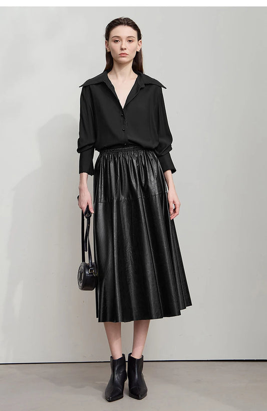 Minimalist Woman Black Midi Skirt 2025 Autumn Vintage Loose Luxury Party PU Leather Skirts Casual A Line Skirts 12543028