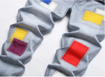 Men's Embroidered Jeans Rainbow Square Cloth Pure Cotton Stretch Slim Pants Scraped White Wearable High Street Color Patch 2025