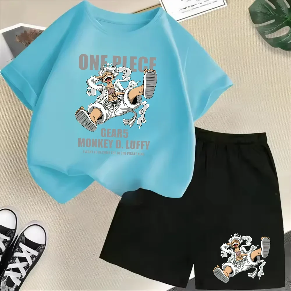 Summer New Cotton Kids T-Shirt Set Luffy Gear 5 One Piece Children Shorts Sport Casual School Outdoor Boys Tracksuit