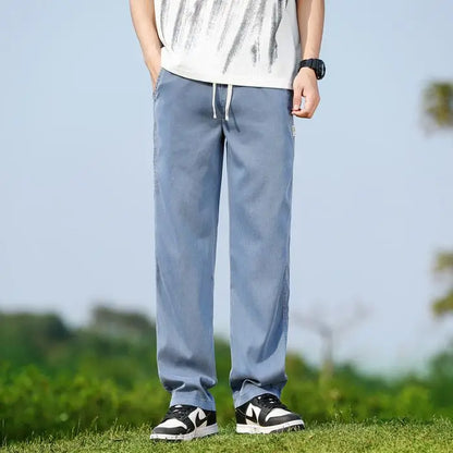 Men's Summer Soft Lyocell Fabric Jeans Thin Loose Straight Denim Pants Drawstring Elastic Waist Casual Trousers plus Size M-5XL