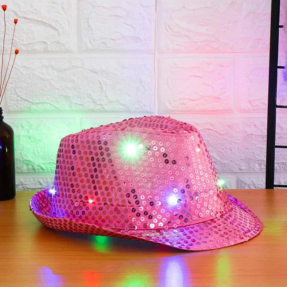Unisex Light Up Flashing Led Fedora Trilby Jazz Hat Panama Cap Sequin