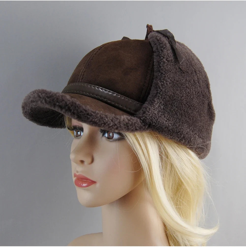 Real Fur Wool Hat Unisex New Winter Warm Bomber Russian Ushanka Hats With Ear Flaps Cow Leather Thick Snow Earflaps Baseball Cap