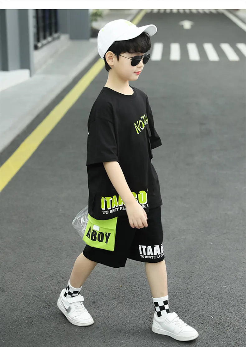 Kpop Boys Clothes Sets 2026 Summer Teen Kids Fashion Letter Print Short Sleeve T-shirt+Shorts 2Pcs Children Tracksuit Outfits