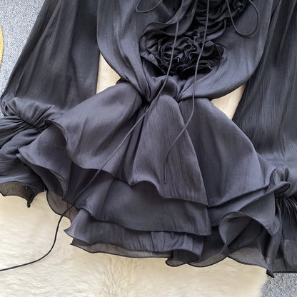 3D Floral Beach Short Dress Female Long Sleeves Lace Up Ruffle Chiffon Cake Sundress Sheer Sexy Vintage Bohemian Dress