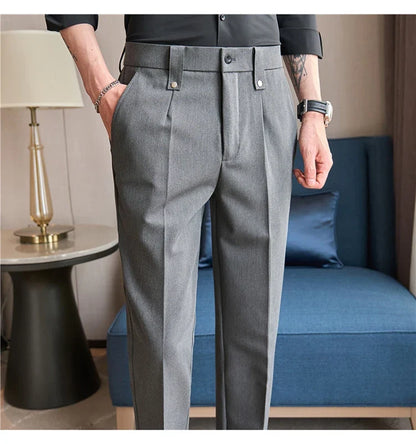 Mens Suit Pants 2026 Spring New British Style Elastic Waist Solid Casual Formal Dress Pants Slim Fit Trousers for Men Clothing