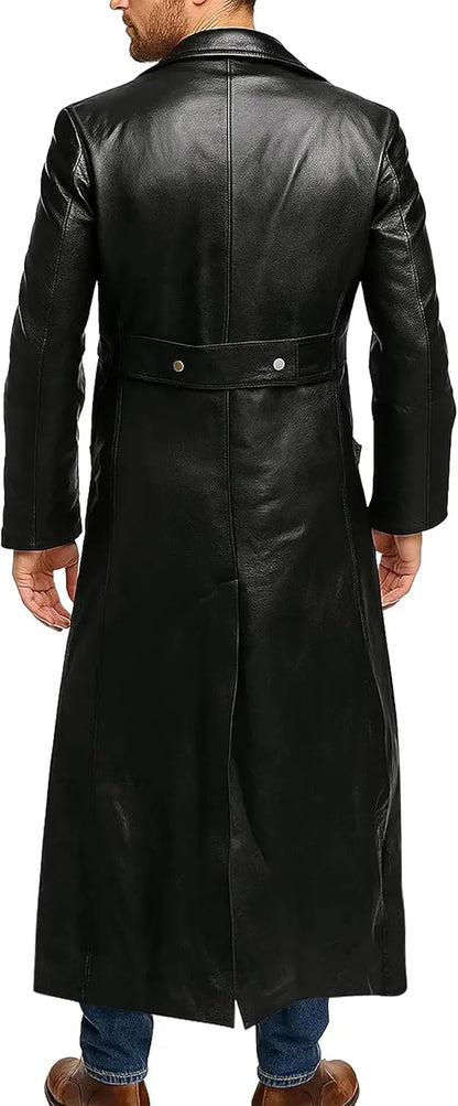 Men's Black Leather Long Trench Coat Marine Imperial Navy U-Boat Submarine Captain Brown Leather Jacket