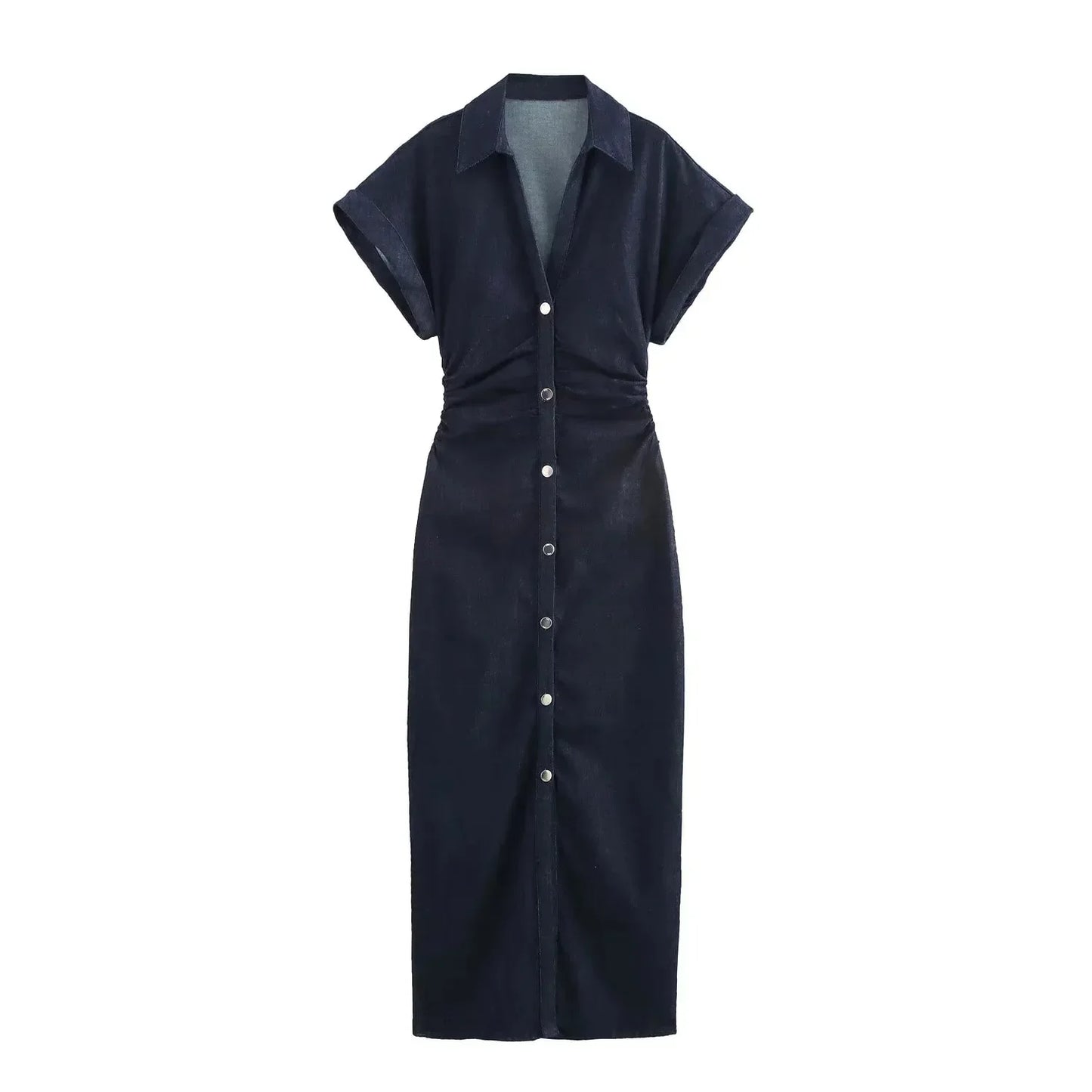 Denim Dress Women's Spring Summer Casual Long Dresses For Women 2026 New Fashion Ruched Short Sleeve Streetwear Midi Dress