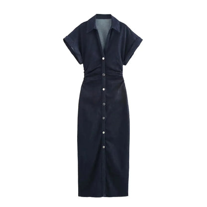 Denim Dress Women's Spring Summer Casual Long Dresses For Women 2026 New Fashion Ruched Short Sleeve Streetwear Midi Dress