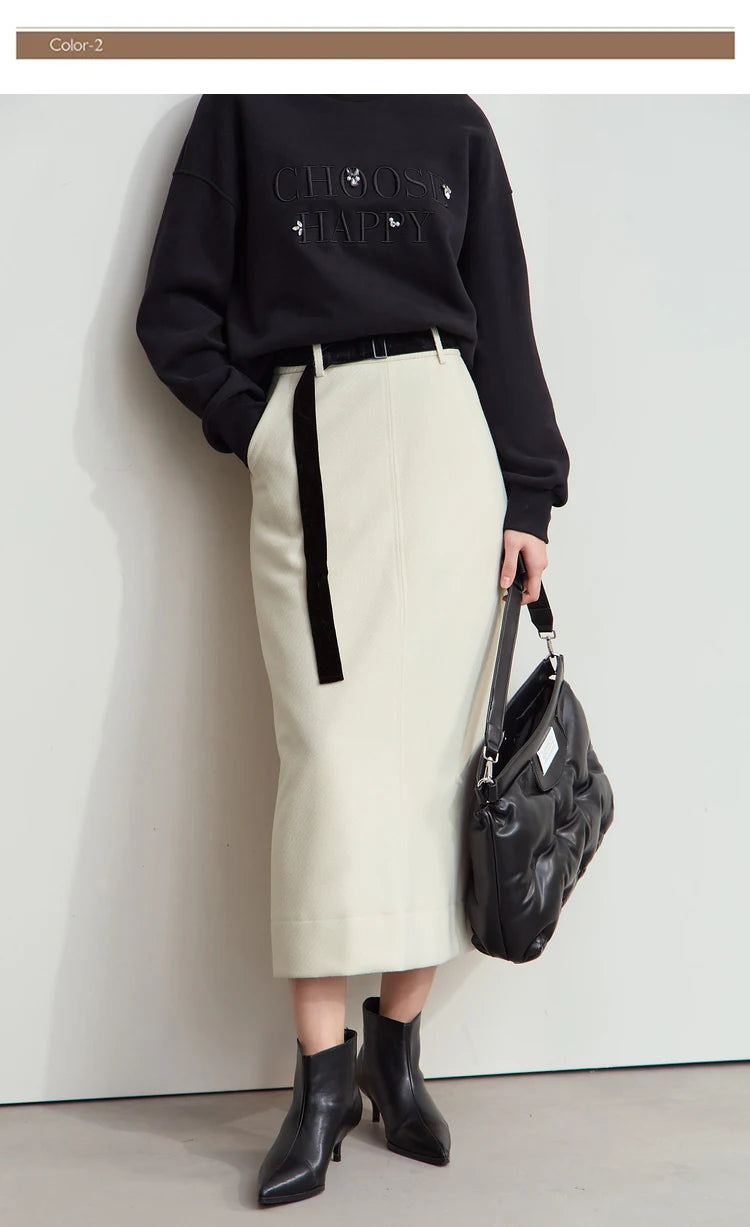 Minimalism Women's Elegant Commuter Skirts with Velvet Belt 2024 Winter Twill Fabric Warm Slit Straight Midi Skirt 12444183