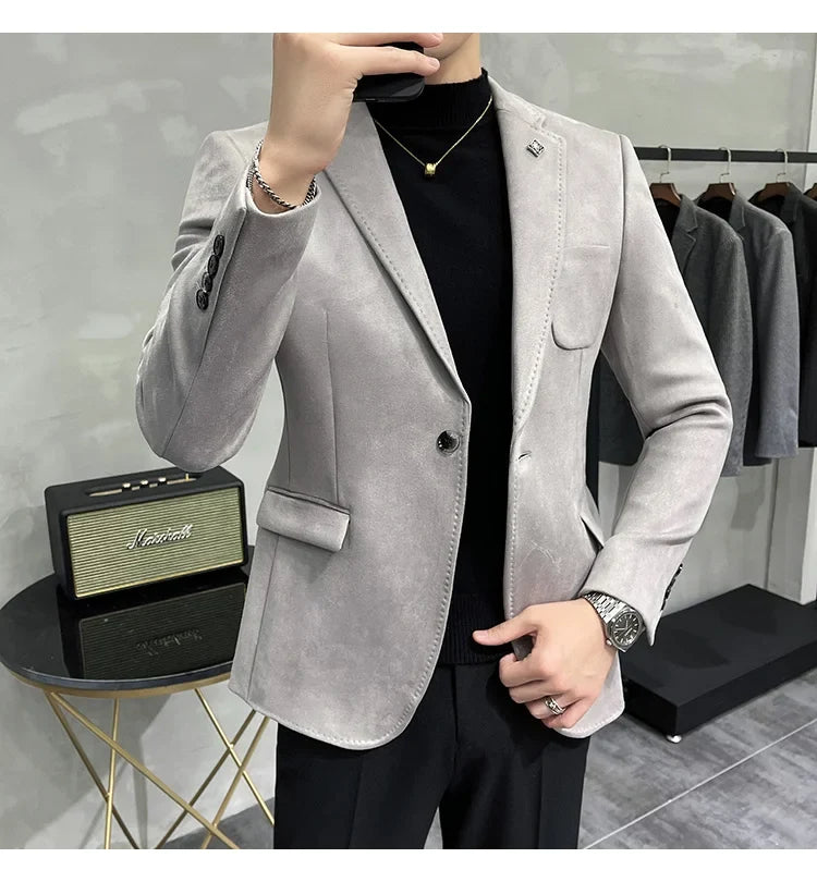 Deerskin Leather Jacket Blazer Men Casual Slim Fit Blazer Hombre Suit Leather Jacket Men Terno Masculino Men Clothing 6 Color