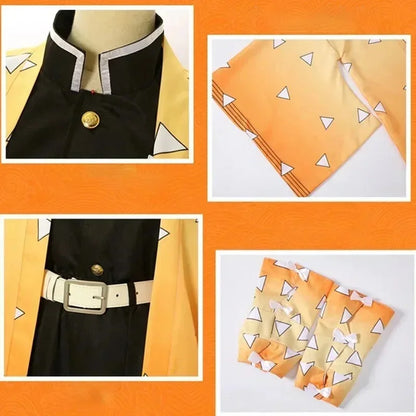 Adult and Kids Anime Demon Slayer Kimetsu No Yaiba Agatsuma Zenitsu Costume Cosplay Kimono Uniform Halloween Party Costumes