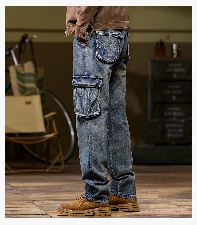 Autumn and winter new styles Men's outdoor multi-pocket cargo jeans Straight loose casual stretch fashion jeans for men