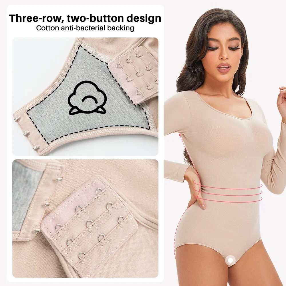Female Underwear Open Crotch One-Piece Bodysuit Long Sleeve Seamless Waist Trainer Body Shaper Sheath Flat Belly Shapewear Woman
