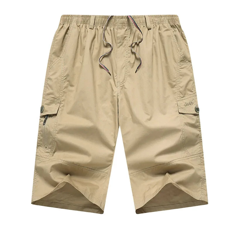 Men's Cargo Shorts 3/4 Below Knee Cotton Drawstring Running Shorts Outdoor Relaxed Fit Casual Sport Hiking Fishing Jogger Shorts