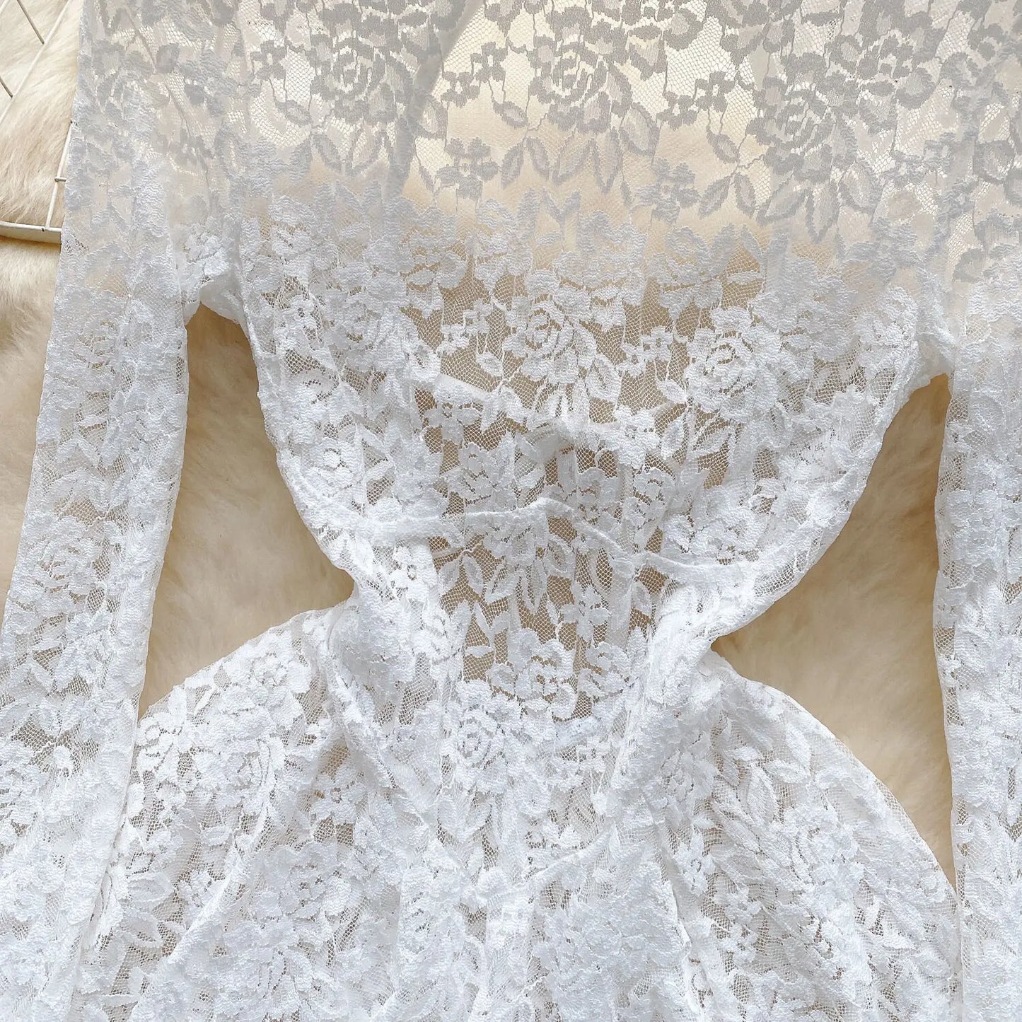 Women's Autumn Mesh Lace Hollow Out White Short Dress Women Micro Flare Sleeve See Through Translucent Sexy Girl's Mini Dress