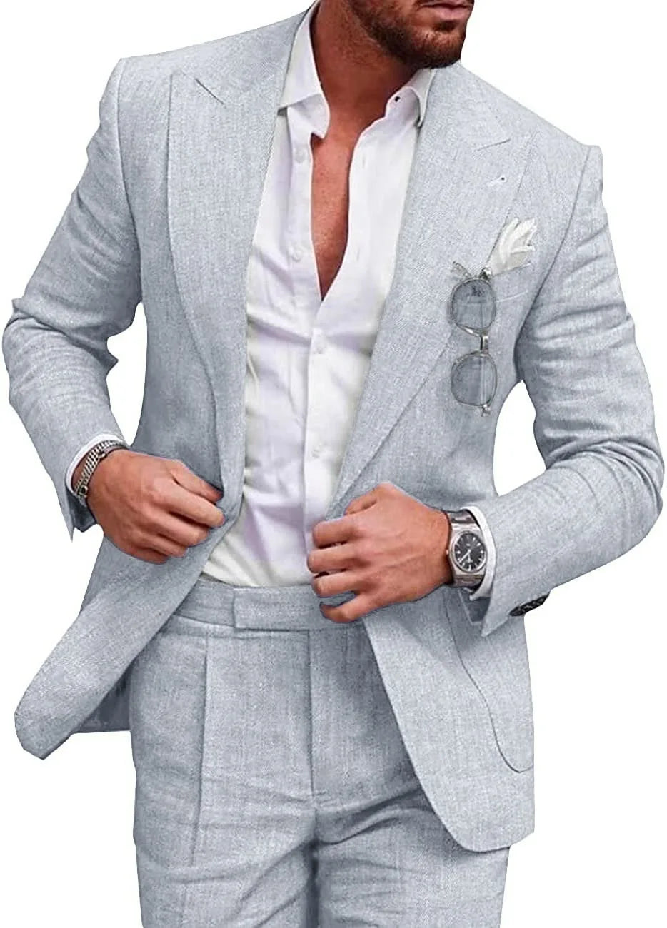 Linen Causal Men Suits for Beach Party Solid Color Business Two Pieces Wedding Tuxedo Set Peak Lapel Suit Jacket with Pants
