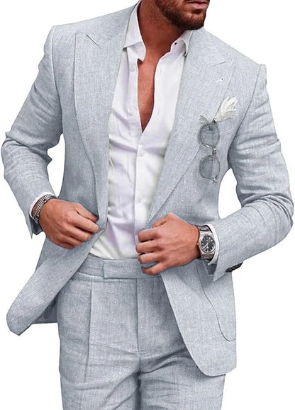 Linen Causal Men Suits for Beach Party Solid Color Business Two Pieces Wedding Tuxedo Set Peak Lapel Suit Jacket with Pants