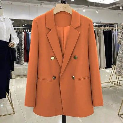 Blazer Woman Autumn Spring Long Sleeve Double Breatsed Lapel Loose Coat Slim Casual Jackets Office Ladies Vintage Blazers