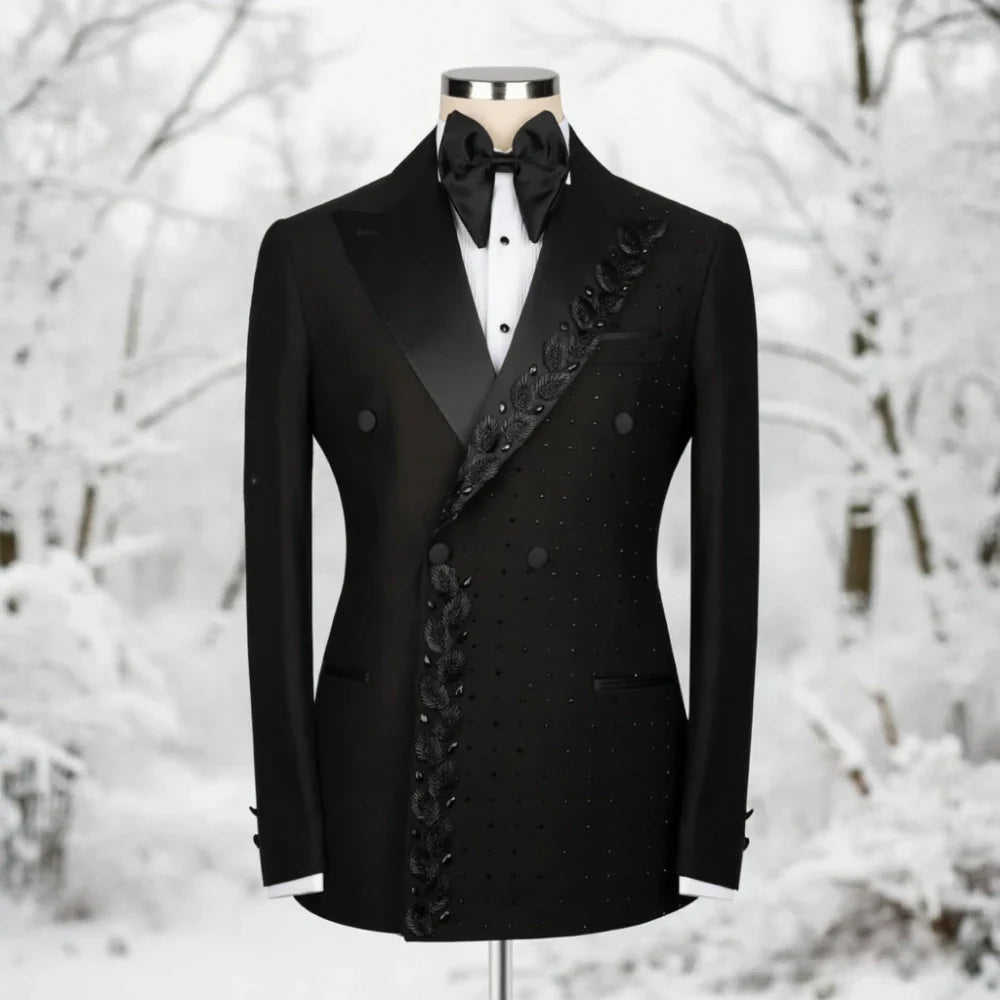 Beaded Men Suits Textured Black Embroidery Double Breasted Formal Slim Fit Groom Tuxedo Wedding Prom Dinner Party Blazer Pants