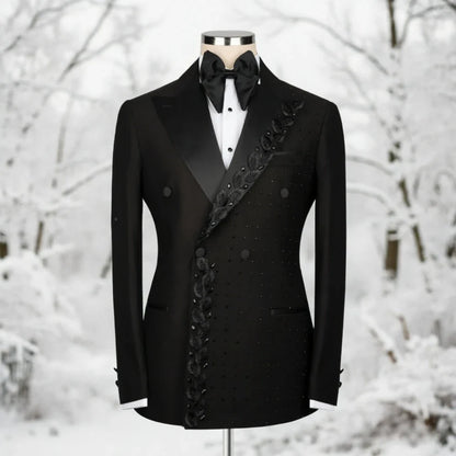 Beaded Men Suits Textured Black Embroidery Double Breasted Formal Slim Fit Groom Tuxedo Wedding Prom Dinner Party Blazer Pants