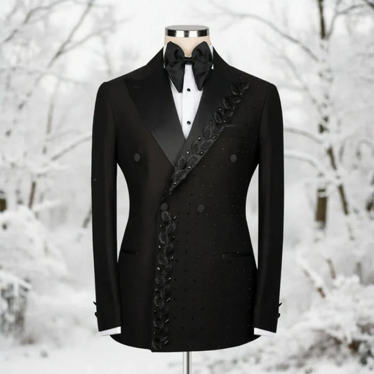 Beaded Men Suits Textured Black Embroidery Double Breasted Formal Slim Fit Groom Tuxedo Wedding Prom Dinner Party Blazer Pants