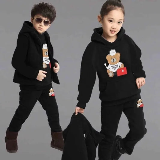 Boy Girls Fall Winter Thick Warm Clothing Set 3 Pcs Sweatshirt +Pants+Vest Cartoon Outfits Children Tracksuit School Uniform