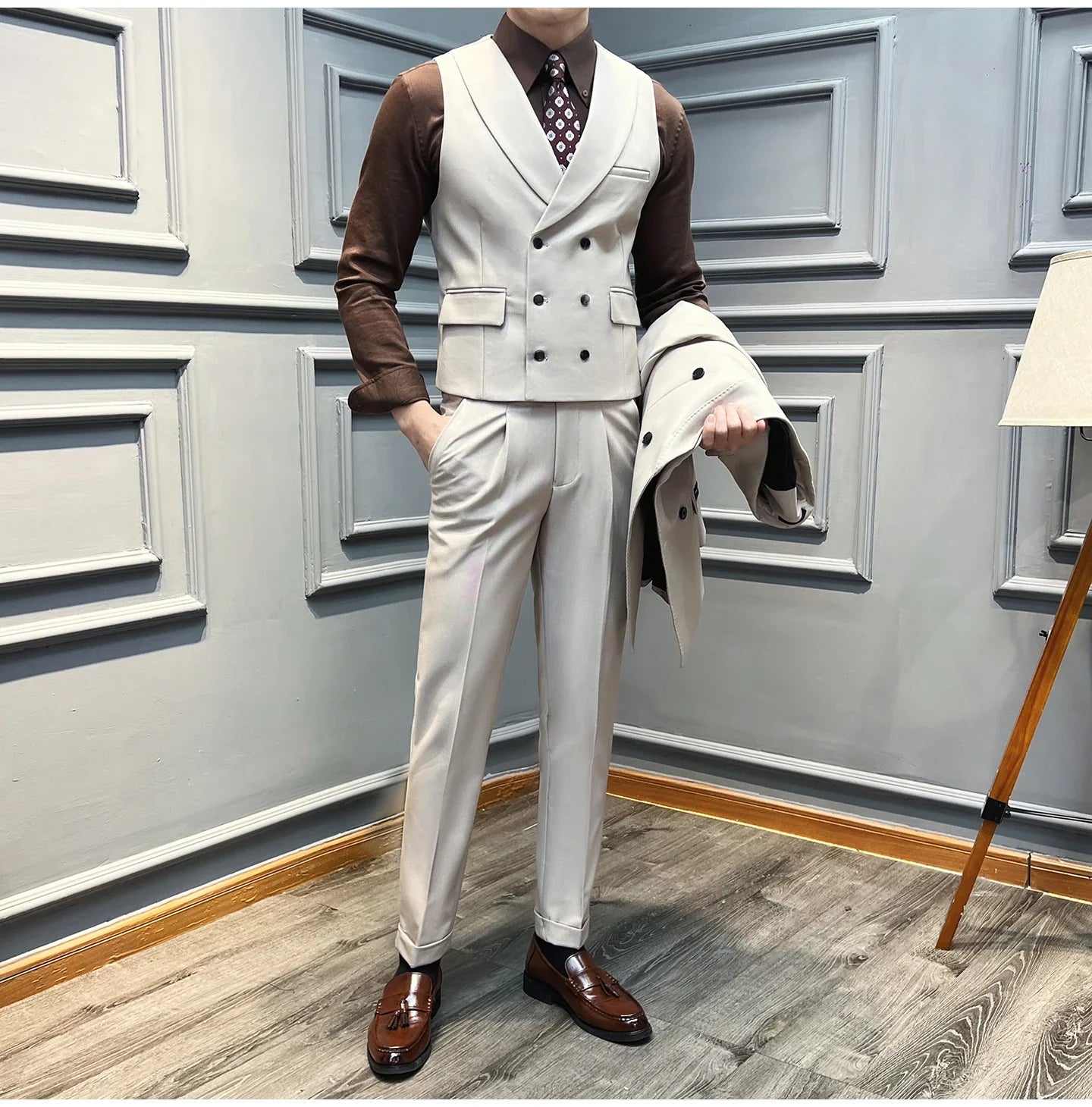 ( Vest + Pants) High-end Brand Solid Color Suit Vest 2 pieces Men Luxury Double Breasted Design Fashion Vest Set Club Clothing