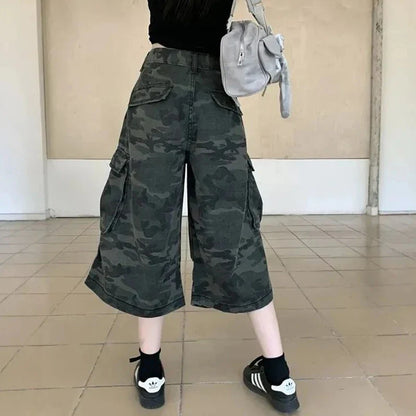 Lady Retro Fashion Baggy Capri Jeans Female High Waist Thin Denim Pants Girls Fashion Camouflage Straight Leg Trousers