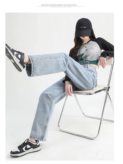 Woman Jeans Elastic High Waist Wide Leg Cotton Denim Clothing Blue White Streetwear Vintage Fashion Harajuku Straight Pants