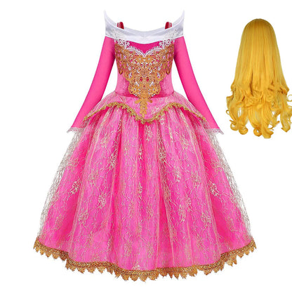 Exquisite Princess Ball Gown Sleeping Beauty Fairy Tale Costume Play Lace Gold Rim Deluxe Christmas Aurora Party Dress 2 4 6 8Yr