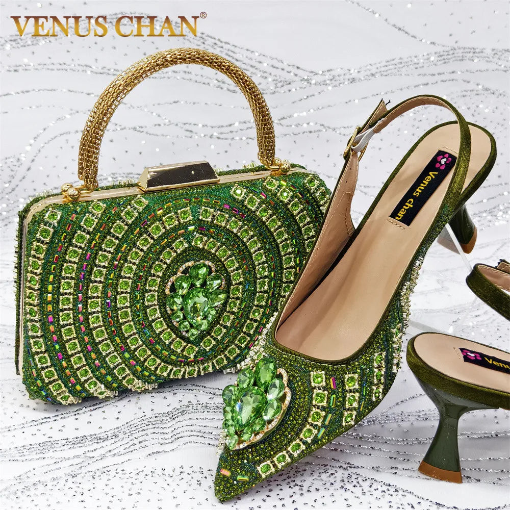 2025 Elegant Fruit Green Women's Green Heels and Rhinestone Handbag Set - Italian Design for Weddings and Parties