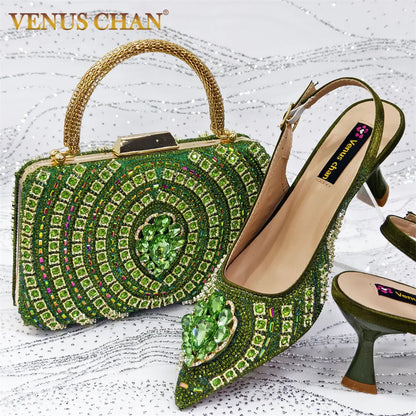 2025 Elegant Fruit Green Women's Green Heels and Rhinestone Handbag Set - Italian Design for Weddings and Parties