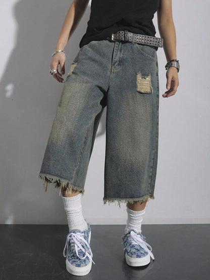 Men's Loose Ripped Denim Jeans 7 Point Calf Length Wide Leg Trousers Distressed Holes Frayed Hem Streetwear Casual Pants