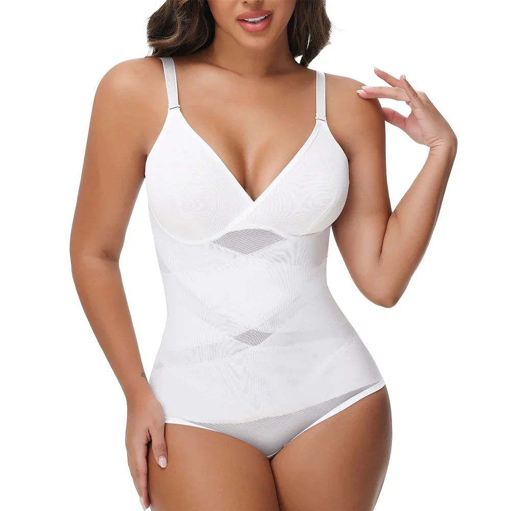 Cross Waist Tummy Control Body Shaping Bodysuit for Women Full Body Control V-Neck Mesh Breathable Briefs Underwear Butt Lifter