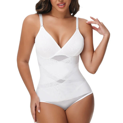 Cross Waist Tummy Control Body Shaping Bodysuit for Women Full Body Control V-Neck Mesh Breathable Briefs Underwear Butt Lifter