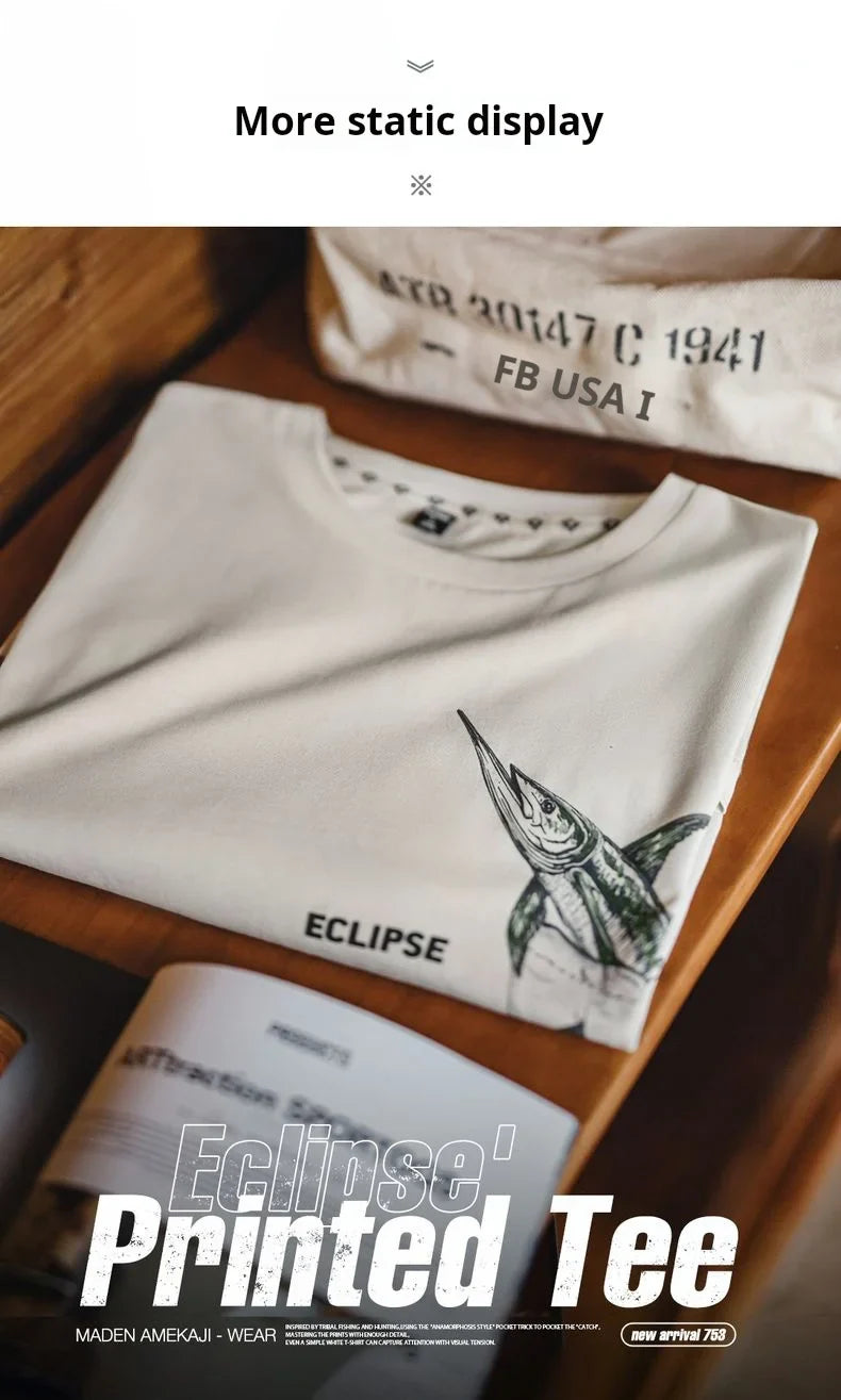 Casual Printed Short Sleeve T-Shirt Men's Summer Loose Fit Heavyweight Cotton Ribbed Round Neck Tee  Versatile Street Tops