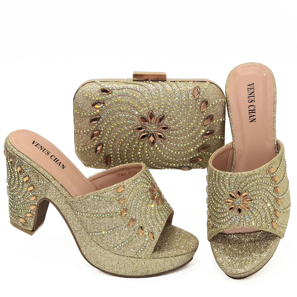 Women's Shoes High Heels Sexy Ladies Party Wedding Pattern Embroidery Mules Shoes and Bags Set for Italian 2023