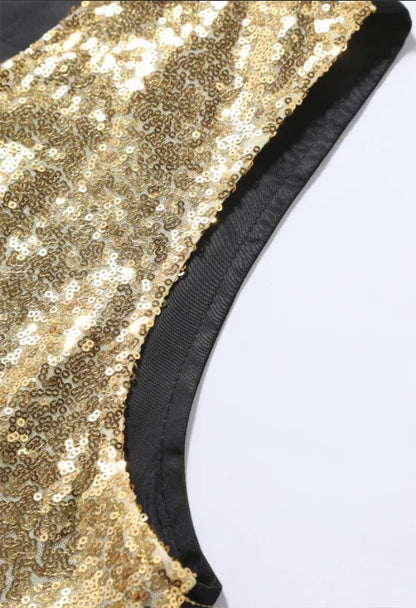 2026 New Black Men's Shiny Sequin Suit Collar Sleeveless Vest, Wedding/Party/Stage Performance, Gold or Silver Optional