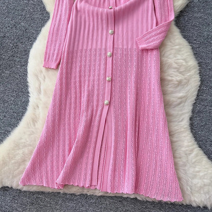 Brand Fashion Aesthetic Patchwork Knitted Maxi Dress Autumn Winter Women Luxury Shirt Sweater Dress Office Lady Vestido