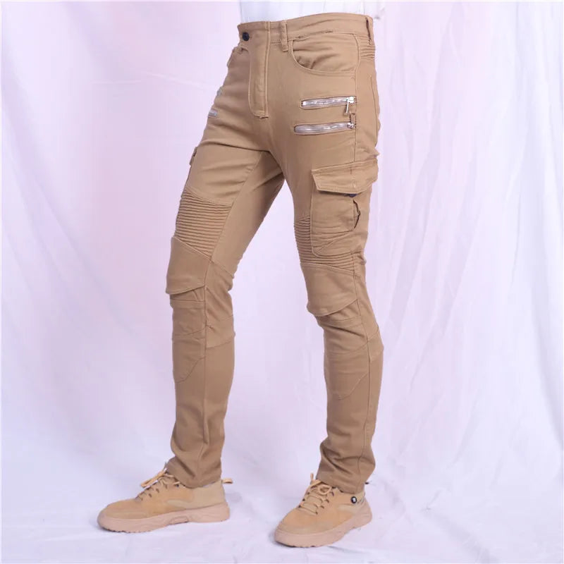 Double zipper Decoration Metal Style Motorcycle Leisure Motorcycle Men's Outdoor Riding Jeans Slim Pants With Protect Gears