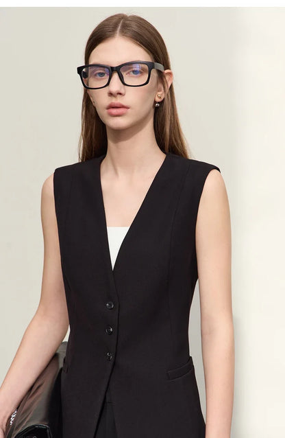Minimalism Jacket Vests for Women 2025 Summer New Professional Style V-neck Slim Sleeveless Single-breasted Blouse 12441175