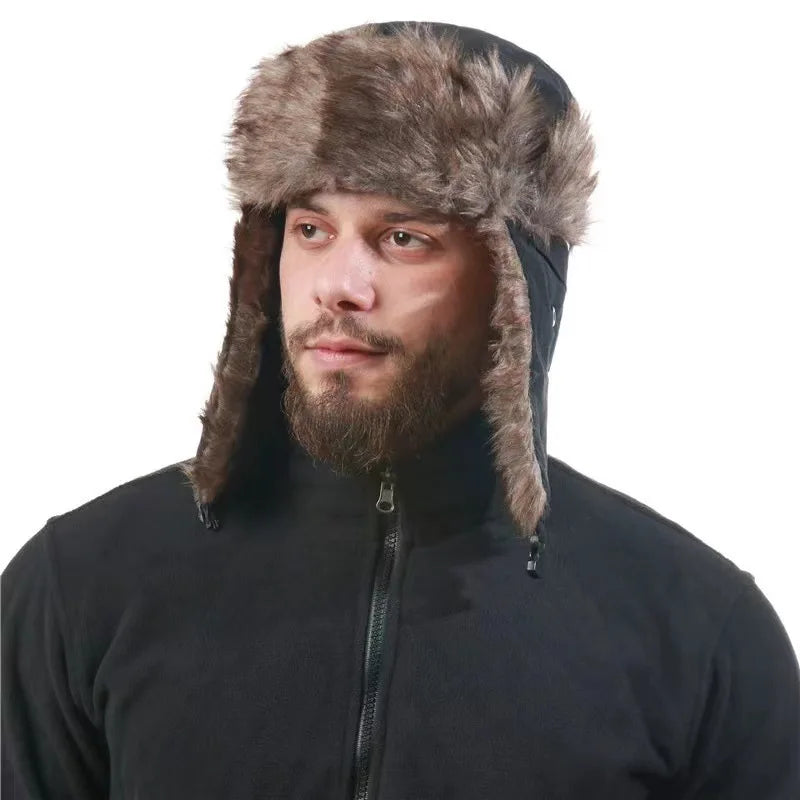 Men's Warm Soldier Hat Winter Pilot Patrolman Earmuffs Polyester Fiber Warm Russian Ski Hat Windproof Cold Pilot Hats