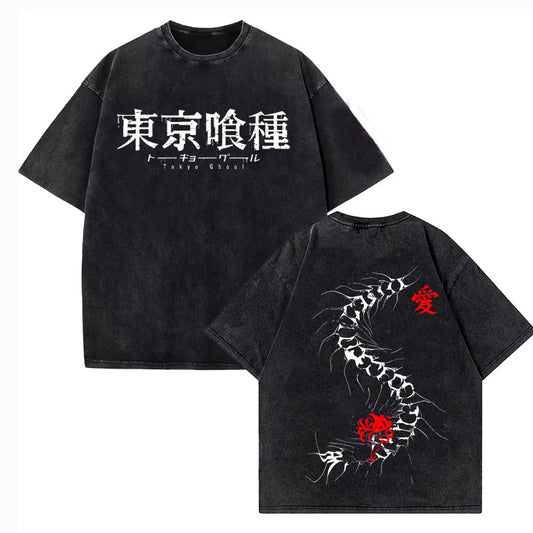 Summer Harajuku Men T-shirt Anime Tokyo Ghoul Kaneki Ken Centipede Vintage Washed Cotton T Shirt Streetwear Men Tops Clothing