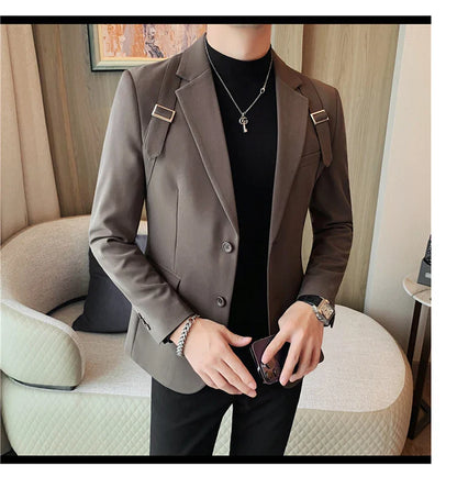 2024 Autumn Winter New Strap Decoration Suit Jacket for Men Fashion Slim Casual Business Blazers Groom Wedding Social Tailcoat