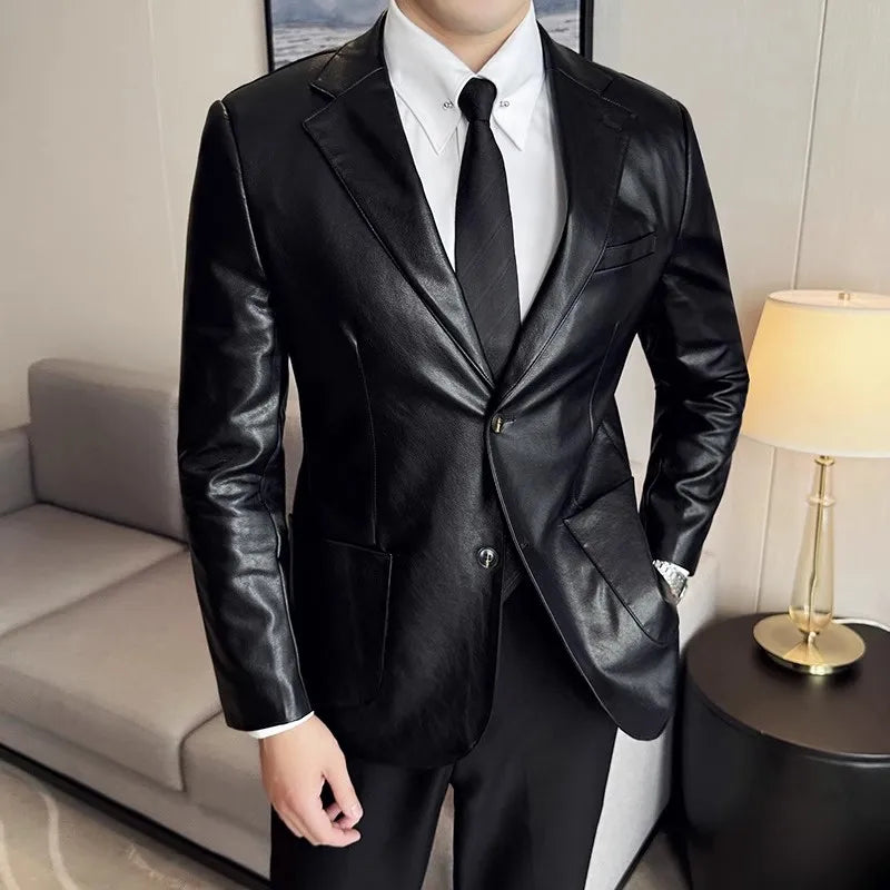 Leather Jacket Men PU Blazer Coats Fashion Business Casual Leather Suit Outwear Male Solid Slim Tur Down Collar Blazers Jackets