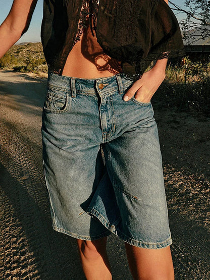 New Womens Knee Length Denim Shorts Solid Color Low Waist Wide Leg Jean Shorts For Summer Club Street Style S-2XL