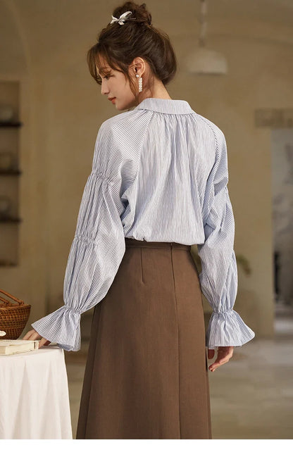 Women's Blue Stripe Shirt 2024 Spring Fashion French Retro Bubble Sleeves Doll Neck Loose Tops Office Lady MXD12C0163